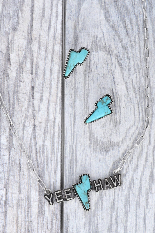 Thunderbolt Turquoise Stone "Yee Haw" Pendant Necklace Set - Nifty Decor & More