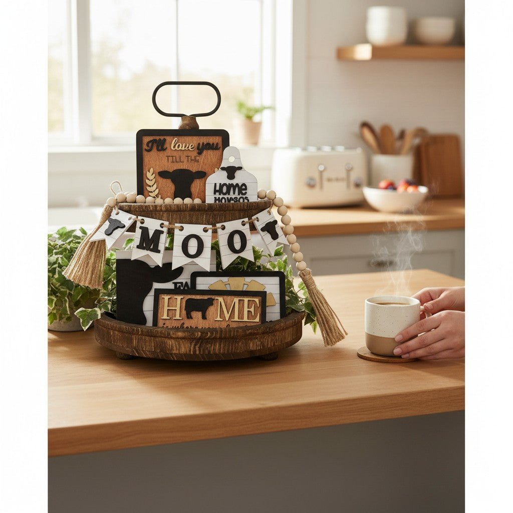 Till The Cows Come Home Tiered Tray Decor Rustic Cow Wood Sign Set - Nifty Decor & More