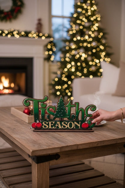 “Tis the Season” Wooden Shelf Sitter – Green Christmas Decor with Red Ornaments | Holiday Tier Tray | Rustic Christmas Sign - Nifty Decor & More