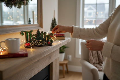 “Tis the Season” Wooden Shelf Sitter – Green Christmas Decor with Red Ornaments | Holiday Tier Tray | Rustic Christmas Sign - Nifty Decor & More
