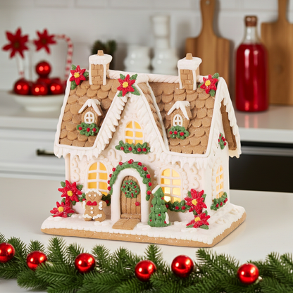 10" Lighted Poinsettia Gingerbread House