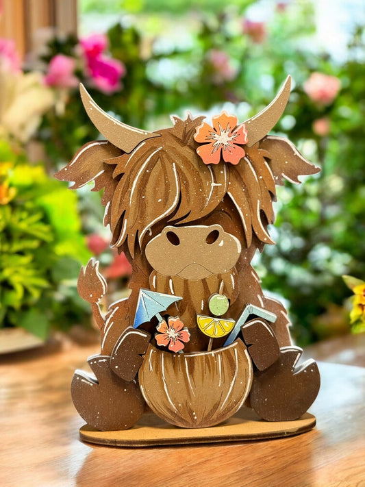 Tropical Highland Cow Shelf Sitter, Colorful Summer Decor for Beach Theme Home, Perfect Gift for Ocean Lovers - Nifty Decor & More