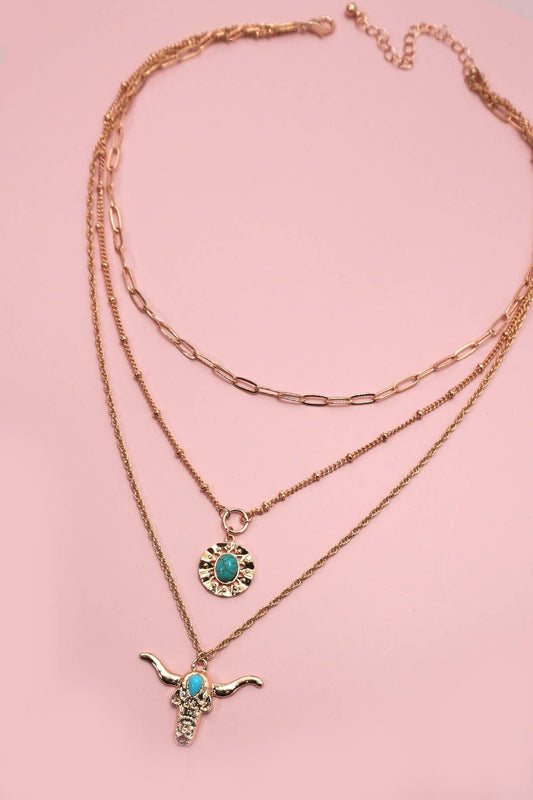 Turquoise Bull Head Pendant Necklace, Unique Layered Circle Design, Perfect for Everyday Glam, Gift for Women - Nifty Decor & More