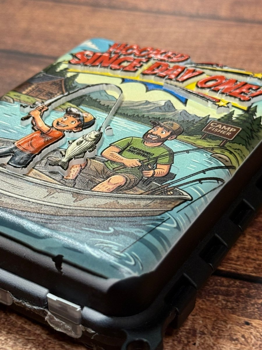 Ultimate Dad’s Mini Tackle Box – 204-Piece Fishing Gear Kit | UV 3D-Printed Comic Style