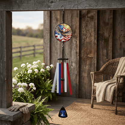 USA Eagle Stain Glass with Liberty Bell Wind Chime 40in. - Nifty Decor & More