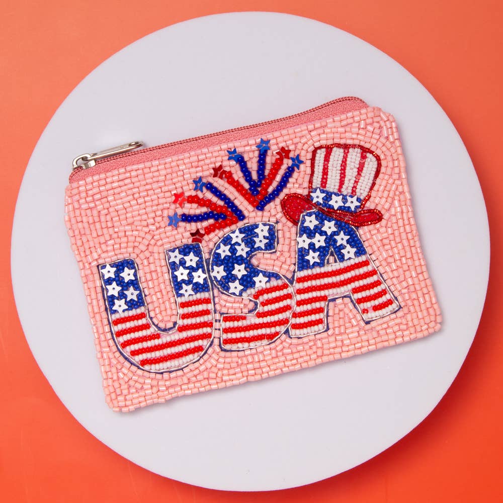 USA Flag Lettering with Firework & Top Hat Beaded Coin Bag - Nifty Decor & More
