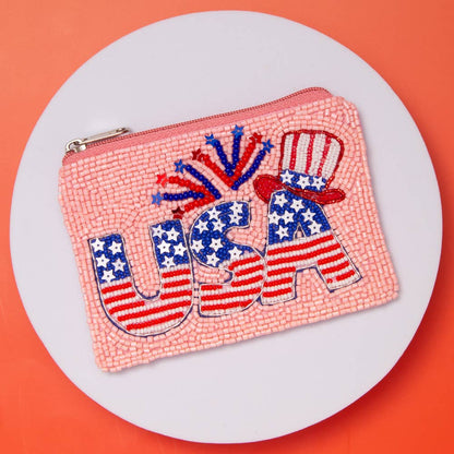 USA Flag Lettering with Firework & Top Hat Beaded Coin Bag - Nifty Decor & More