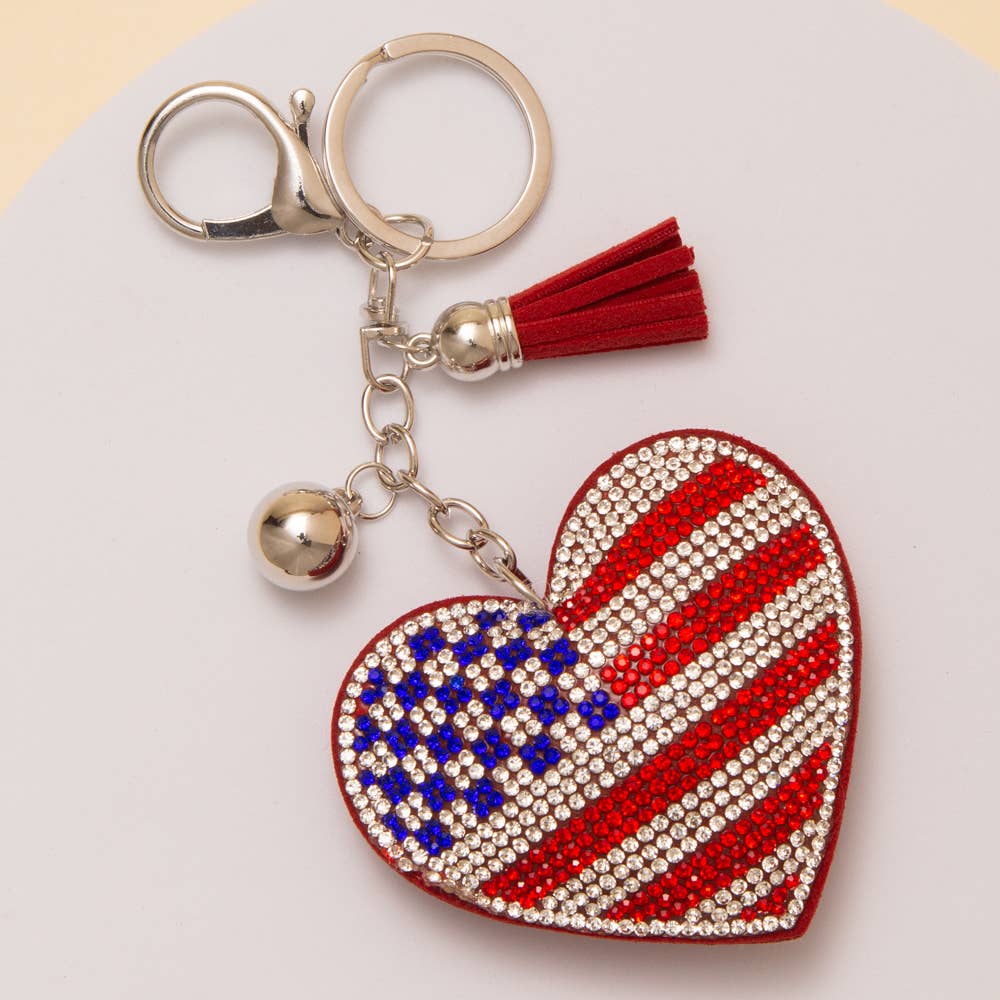 USA Flag Themed Rhinestone Pavé Heart Tassel Keychain - Nifty Decor & More