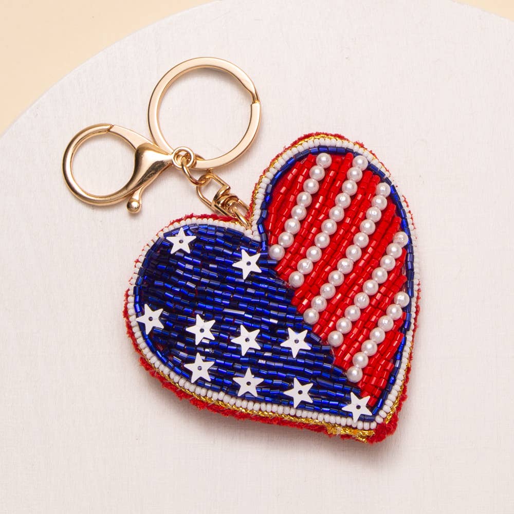 USA Flag Themed Star Sequins Bead Embellished Keychain - Nifty Decor & More