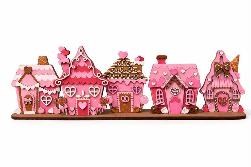 Valentine Candy Village Wood Decor | Pink Gingerbread House Shelf Sitter | Whimsical Valentine Mantel Decor - Nifty Decor & More