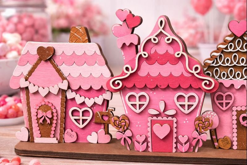 Valentine Candy Village Wood Decor | Pink Gingerbread House Shelf Sitter | Whimsical Valentine Mantel Decor - Nifty Decor & More