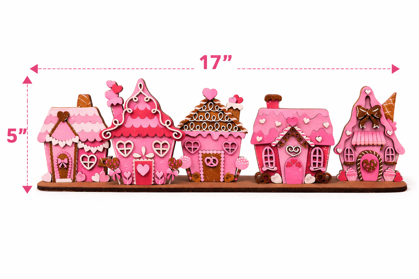 Valentine Candy Village Wood Decor | Pink Gingerbread House Shelf Sitter | Whimsical Valentine Mantel Decor - Nifty Decor & More