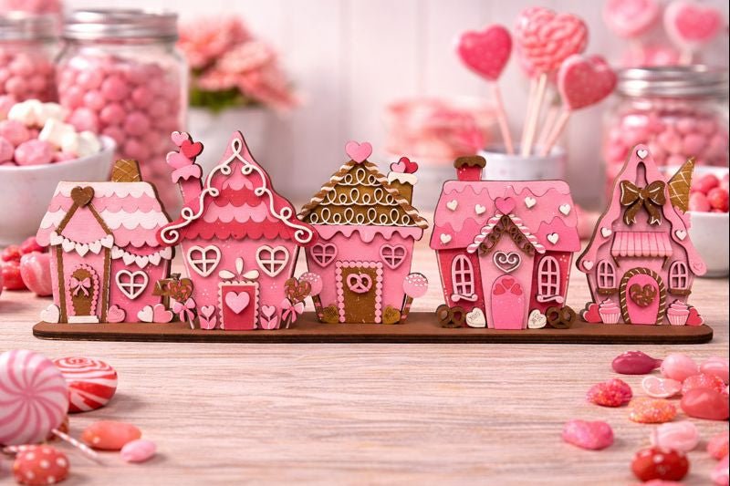 Valentine Candy Village Wood Decor | Pink Gingerbread House Shelf Sitter | Whimsical Valentine Mantel Decor - Nifty Decor & More