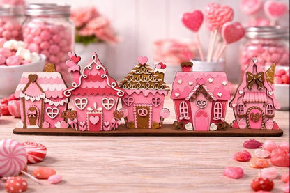 Valentine Candy Village Wood Decor | Pink Gingerbread House Shelf Sitter | Whimsical Valentine Mantel Decor - Nifty Decor & More