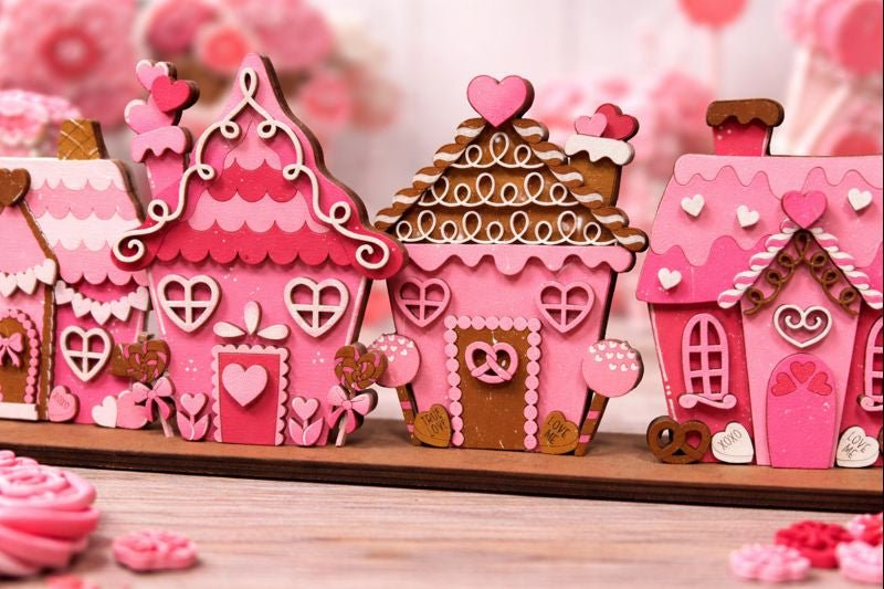 Valentine Candy Village Wood Decor | Pink Gingerbread House Shelf Sitter | Whimsical Valentine Mantel Decor - Nifty Decor & More