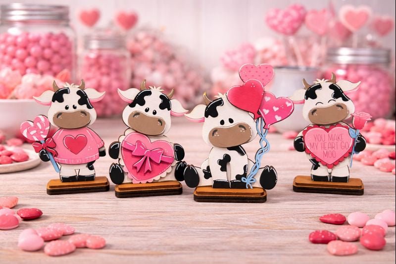 Valentine Cow Decor | Cute Wooden Cow Figurines | Whimsical Valentine Farmhouse Decor | Pink Valentine Shelf & Tabletop Decor - Nifty Decor & More