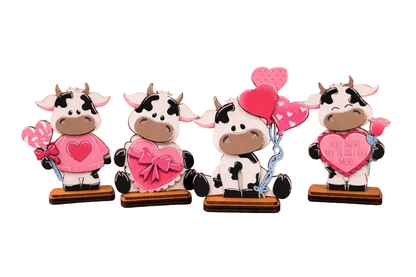 Valentine Cow Decor | Cute Wooden Cow Figurines | Whimsical Valentine Farmhouse Decor | Pink Valentine Shelf & Tabletop Decor - Nifty Decor & More