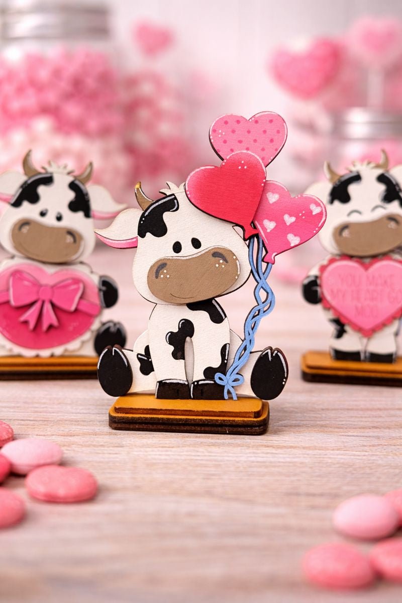 Valentine Cow Decor | Cute Wooden Cow Figurines | Whimsical Valentine Farmhouse Decor | Pink Valentine Shelf & Tabletop Decor - Nifty Decor & More