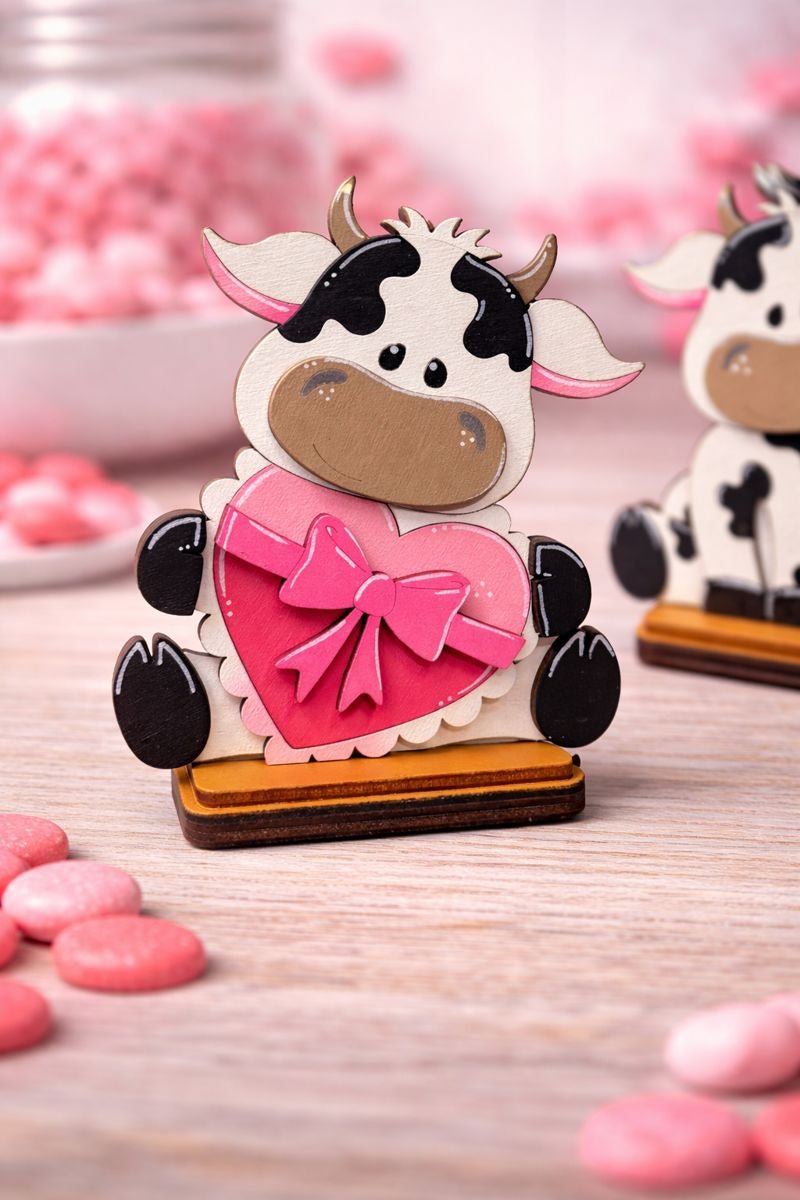 Valentine Cow Decor | Cute Wooden Cow Figurines | Whimsical Valentine Farmhouse Decor | Pink Valentine Shelf & Tabletop Decor - Nifty Decor & More