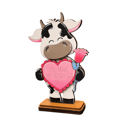 Valentine Cow Decor | Cute Wooden Cow Figurines | Whimsical Valentine Farmhouse Decor | Pink Valentine Shelf & Tabletop Decor - Nifty Decor & More