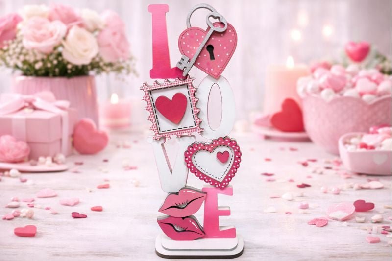 Valentine LOVE Tabletop Sign, Pink Wooden Love Decor, Girly Valentine Shelf Sitter, Romantic Home Accent - Nifty Decor & More
