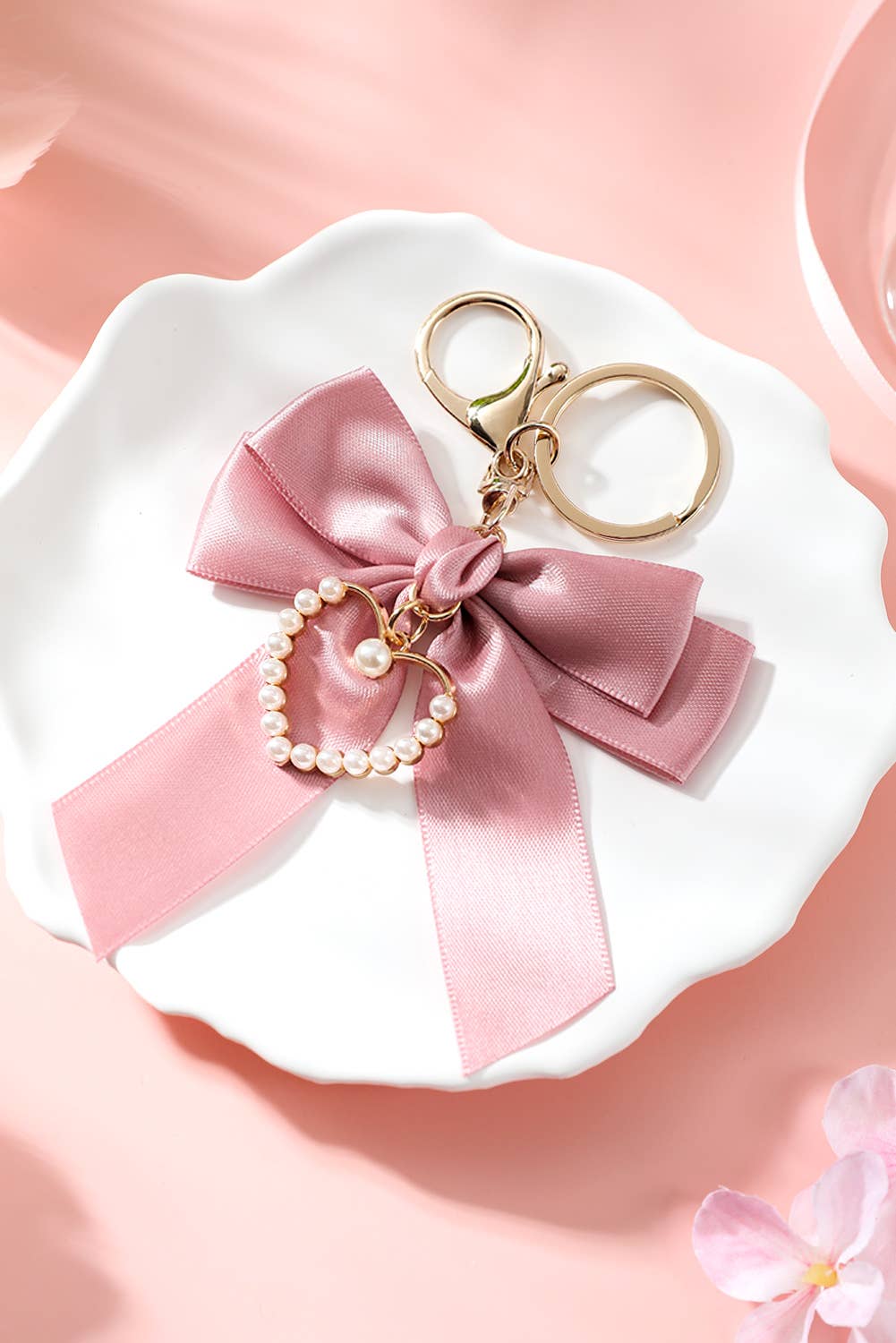 Valentine Pearl Heart Large Bow Knot Keychain - Nifty Decor & More