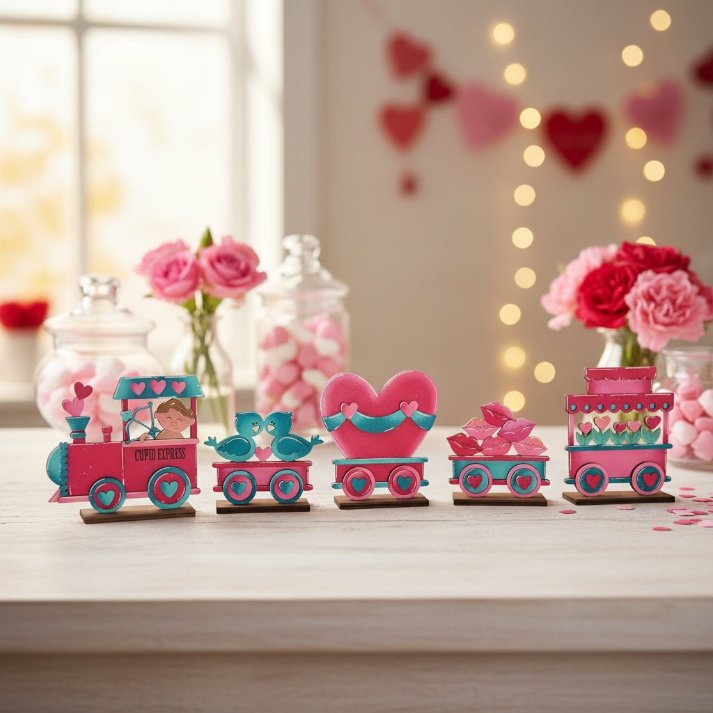 Valentine Wooden Train Decor Set, Pink Heart Farmhouse Valentine’s Day Tabletop Decor, Handmade Love Train - Nifty Decor & More
