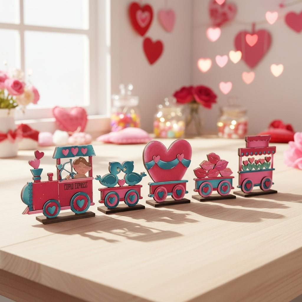 Valentine Wooden Train Decor Set, Pink Heart Farmhouse Valentine’s Day Tabletop Decor, Handmade Love Train - Nifty Decor & More
