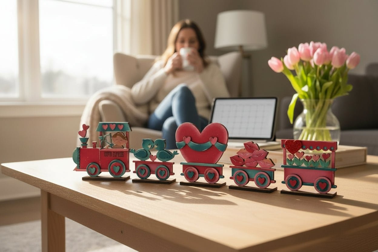 Valentine Wooden Train Decor Set, Pink Heart Farmhouse Valentine’s Day Tabletop Decor, Handmade Love Train Valentine’s Day Decor