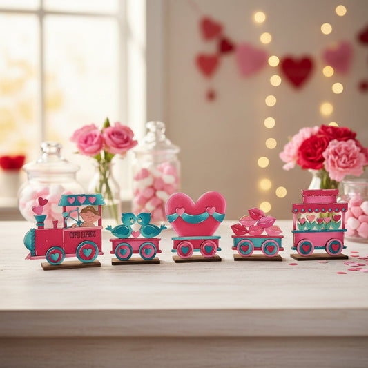 Valentine Wooden Train Decor Set, Pink Heart Farmhouse Valentine’s Day Tabletop Decor, Handmade Love Train Valentine’s Day Decor