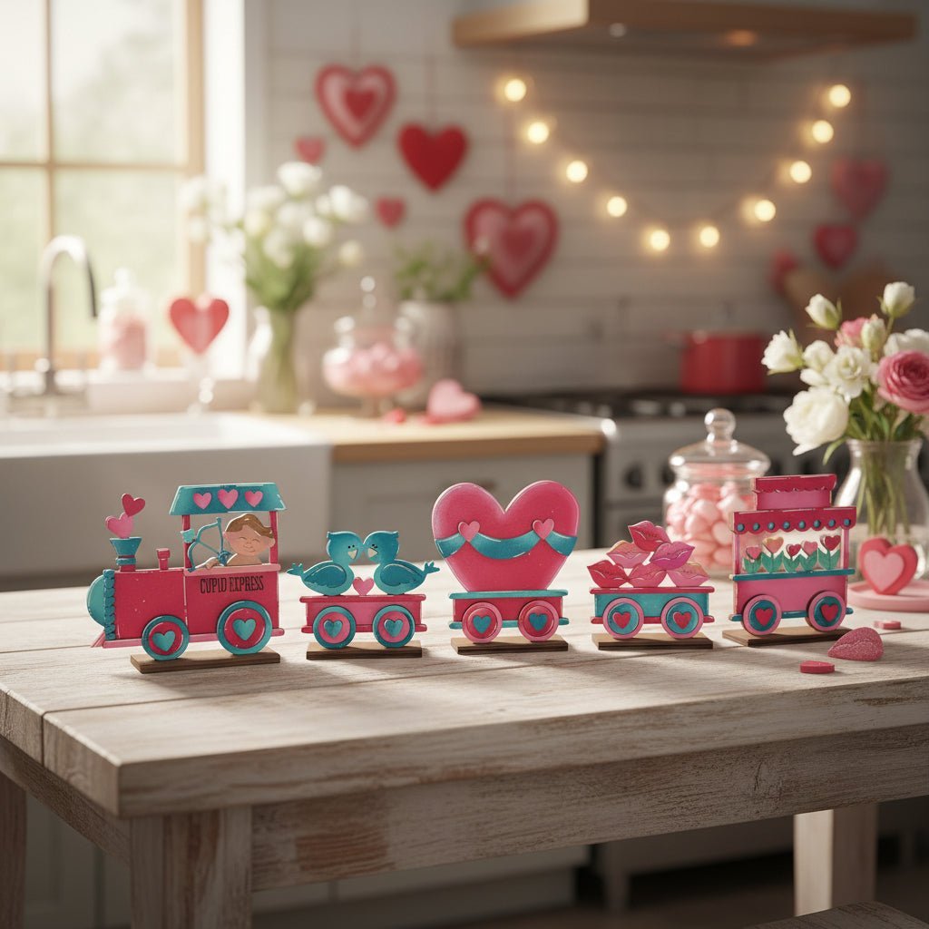 Valentine Wooden Train Decor Set, Pink Heart Farmhouse Valentine’s Day Tabletop Decor, Handmade Love Train - Nifty Decor & More