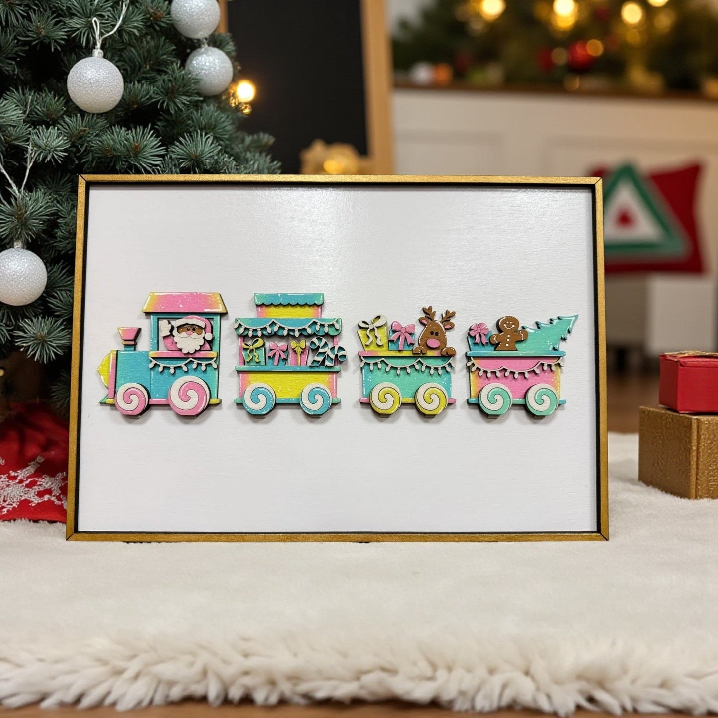 Vibrant Holiday Train Wall Art Featuring Santa & Friends - Nifty Decor & More
