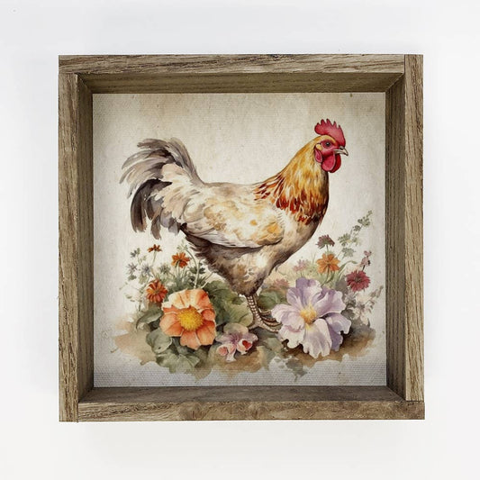 Vintage Chicken Flower Canvas Art Print for Home Decor, Farmhouse Wall Art, Rustic Kitchen Decoration, Gift for Chicken Lovers