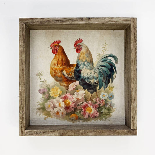 Vintage Chicken Pair - Spring Time Chickens Canvas Art, Rustic Farmhouse Decor, Vintage Wall Art, Country Cottage Vibes, Gift Idea