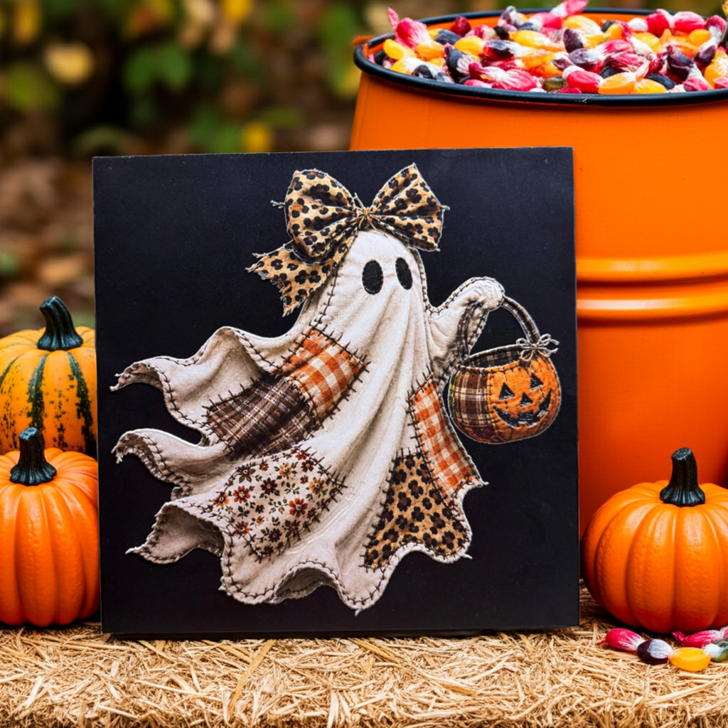 Square black Halloween wall art featuring a patchwork-style ghost with leopard-print and plaid details, displayed outdoors on straw with pumpkins and an orange candy bucket in the background.