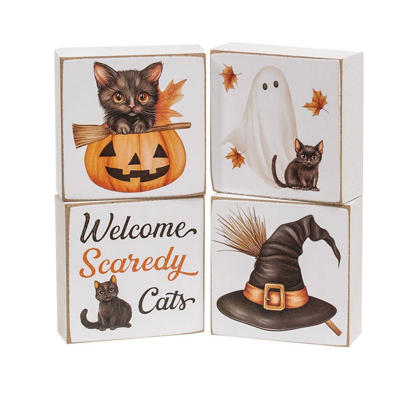 Welcome Scaredy Cat 2" Sq. Block - 4/Set - Nifty Decor & More