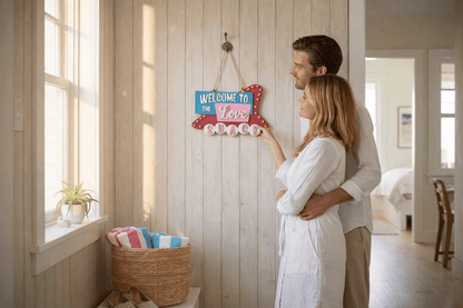 Welcome to the Love Shack Sign, Valentine Wall Decor, Pink Heart Door Hanger, Romantic Home Decor - Nifty Decor & More
