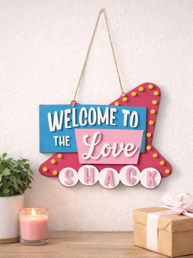 Welcome to the Love Shack Sign, Valentine Wall Decor, Pink Heart Door Hanger, Romantic Home Decor - Nifty Decor & More