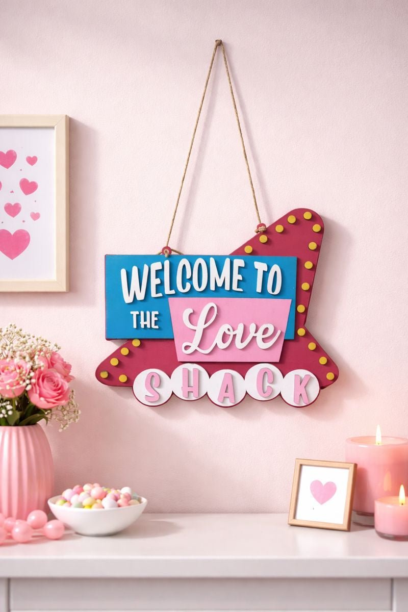 Welcome to the Love Shack Sign, Valentine Wall Decor, Pink Heart Door Hanger, Romantic Home Decor - Nifty Decor & More