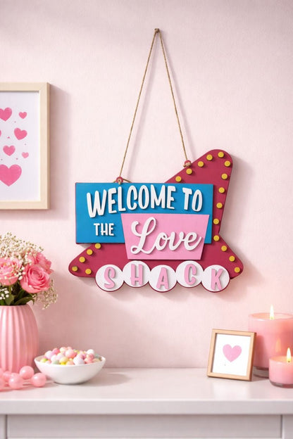 Welcome to the Love Shack Sign, Valentine Wall Decor, Pink Heart Door Hanger, Romantic Home Decor - Nifty Decor & More
