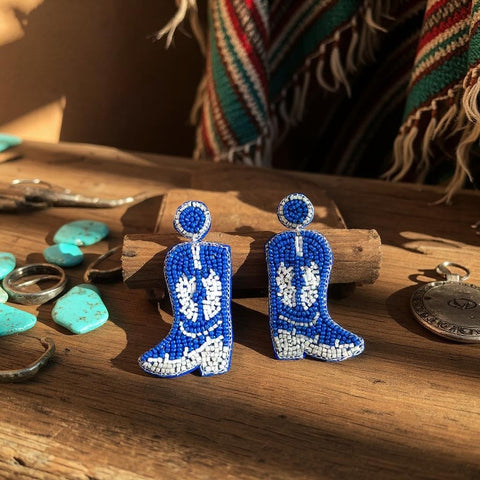 Cowgirl Boots Beaded Earrings, Vibrant Blue & White 2.5" Statement Jewelry for Western Style Lovers, Perfect Gift for Her Chic Earrings