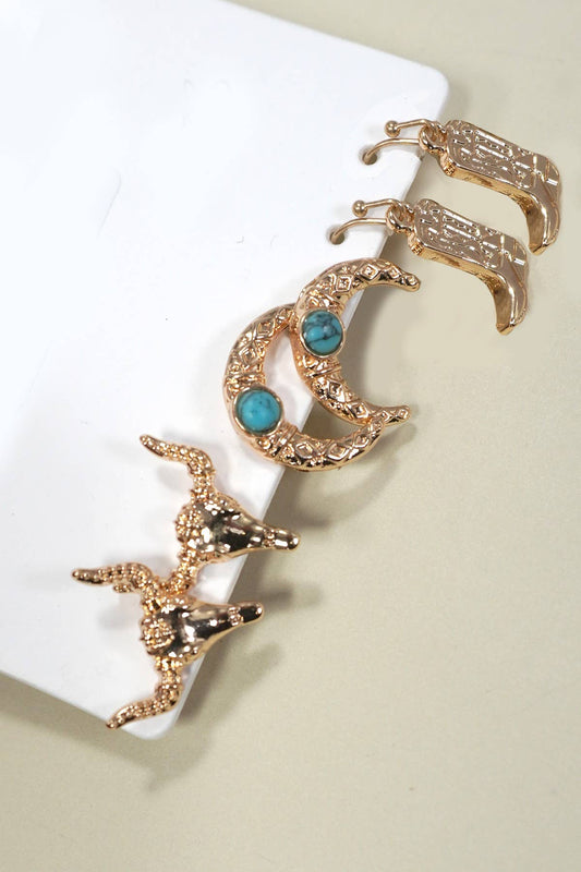 Western Bull Head Horn Boots Earrings