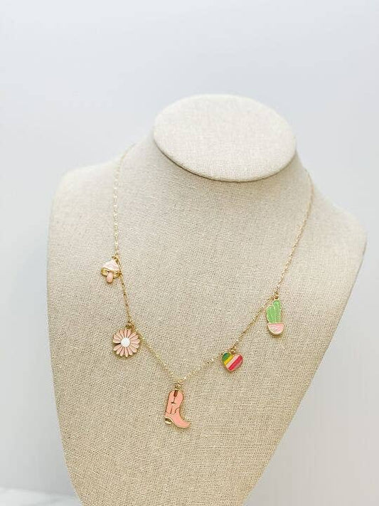 Western Charm Necklace, Colorful Pink Flower, Rainbow Heart & Cactus Charms, Fashion Accessory for Boho Style, Gift Idea - Nifty Decor & More