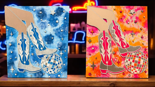 Western Cowgirl Wall Art with Silver Glitter Boots Handmade Country Home Decor