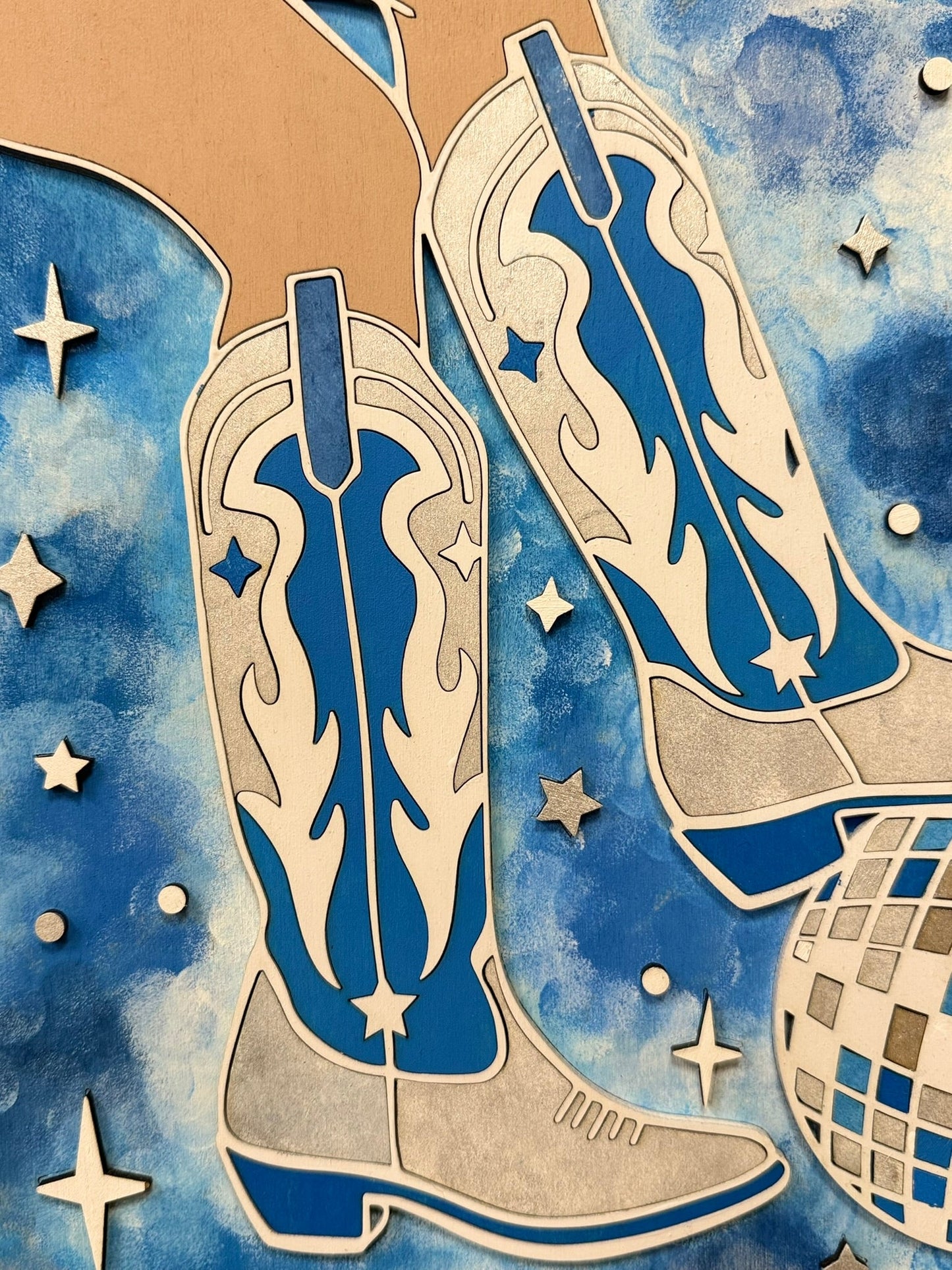 Western Cowgirl Wall Art with Silver Glitter Boots Handmade Country Home Decor