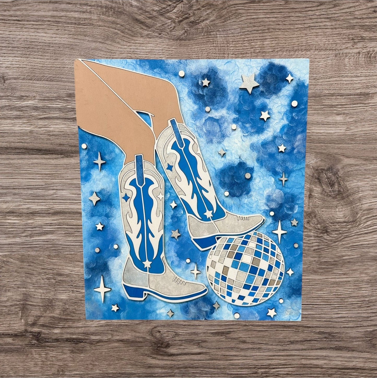 Western Cowgirl Wall Art with Silver Glitter Boots Handmade Country Home Decor Blue