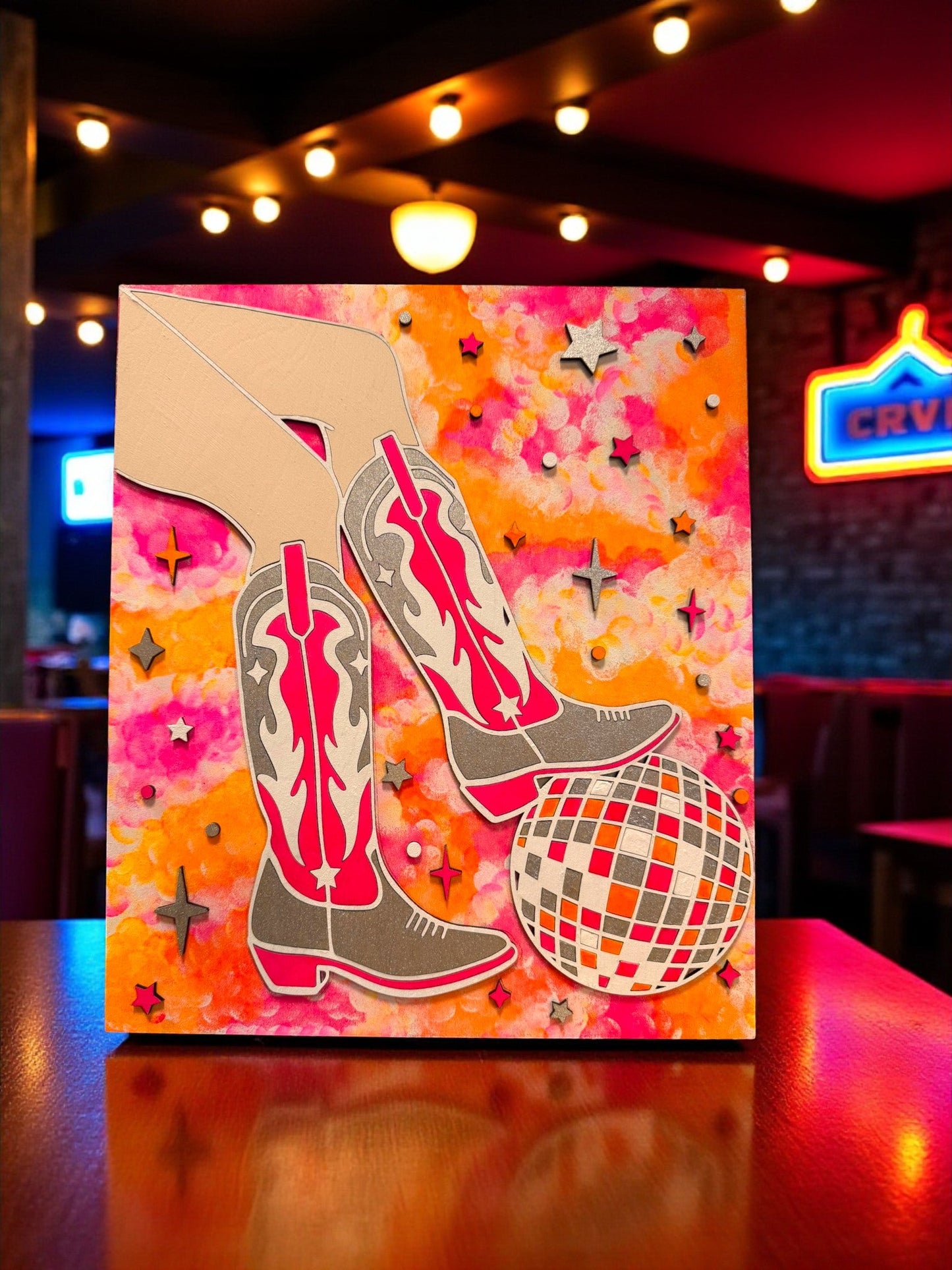 Western Cowgirl Wall Art with Silver Glitter Boots Handmade Country Home Decor Hot pink