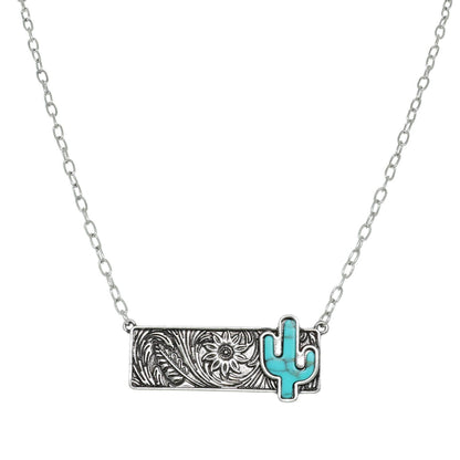 Necklace with a turquoise cactus design on a white background