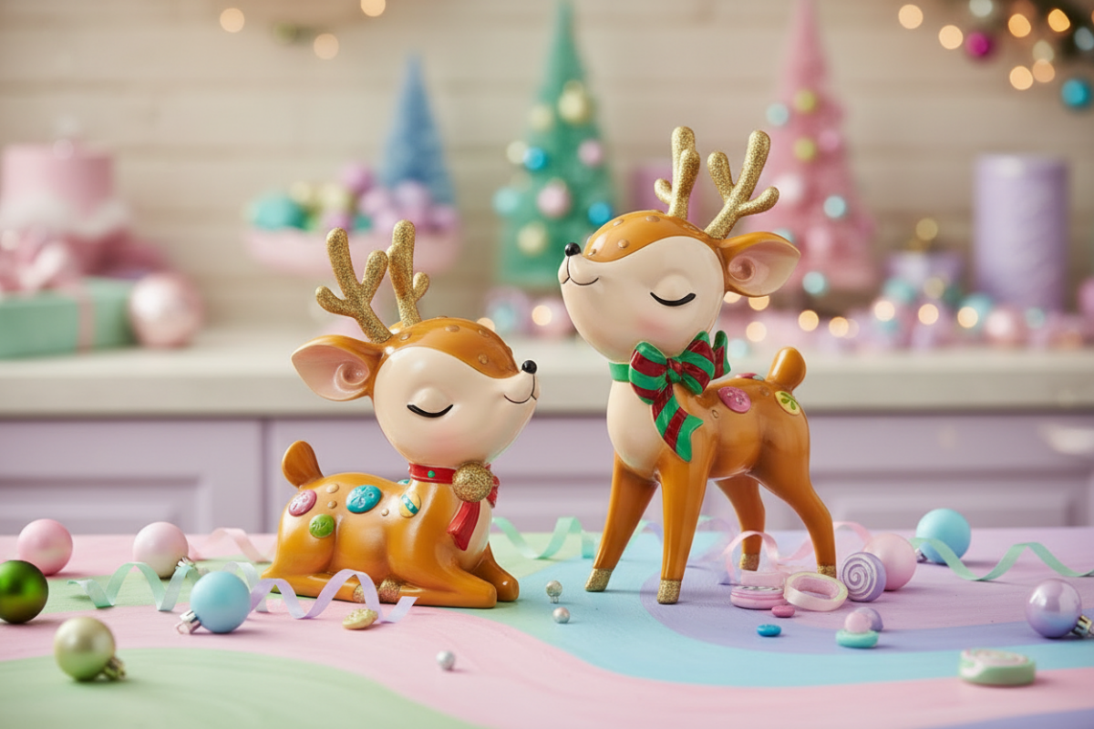 Whimsical Decorated Reindeer – Set of 2 Festive Woodland Figurines - Nifty Decor & More