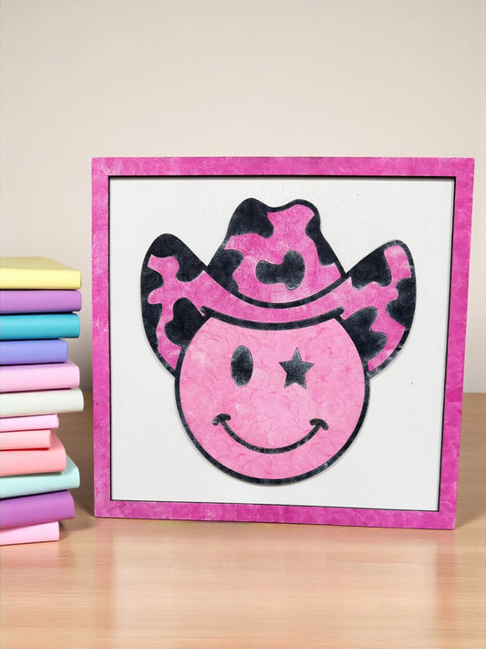 Funky Pink Smiley Face Cowboy Hat Wall Decor